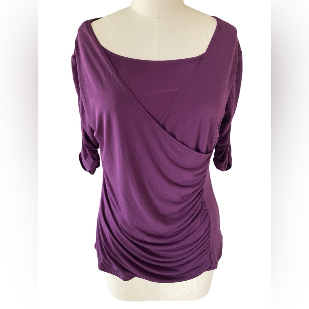 JM Fleurette purple drape front blouse, Size Petite XL